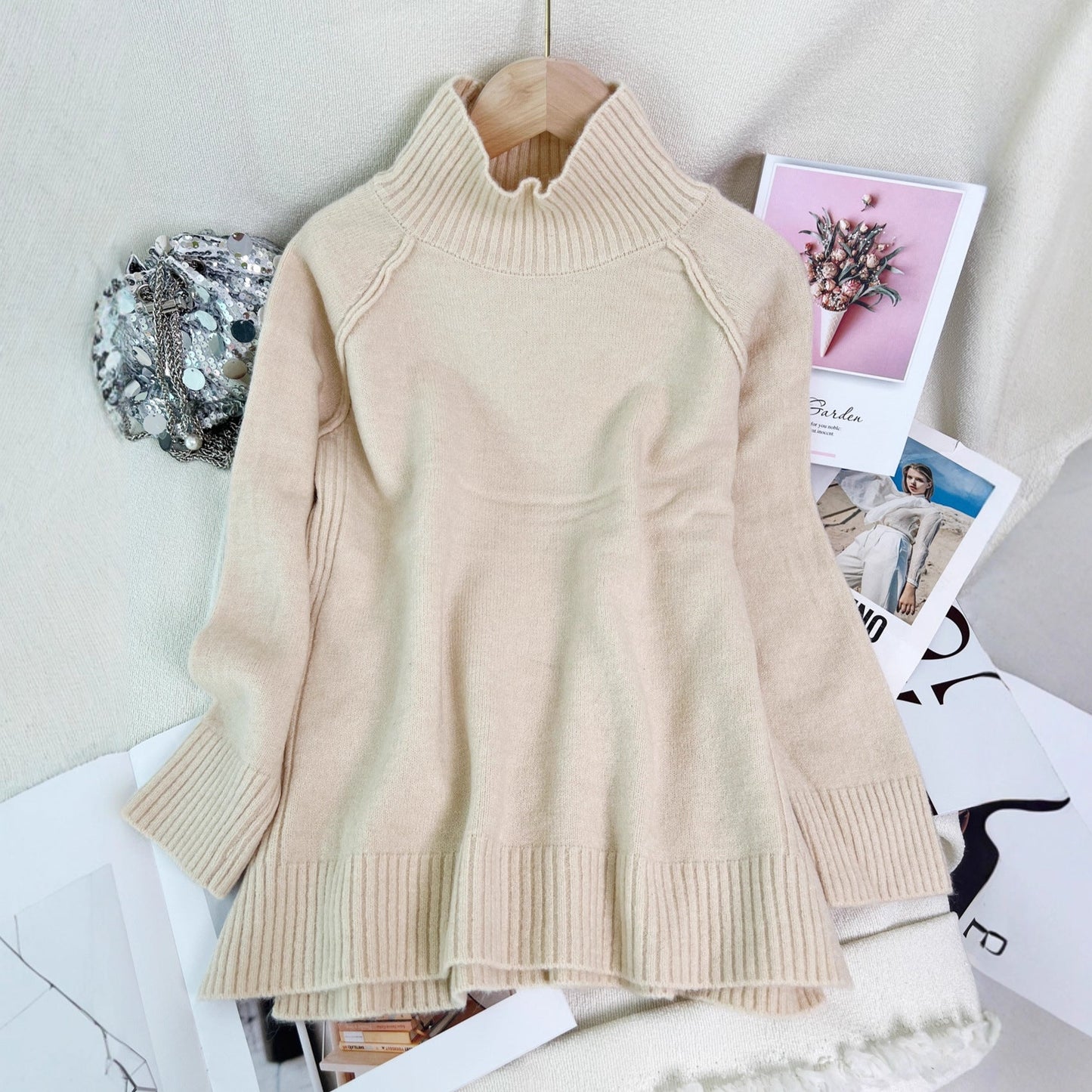 Damen Oversized Pullover Strukturiertem Stehkragen Grau Eveloria