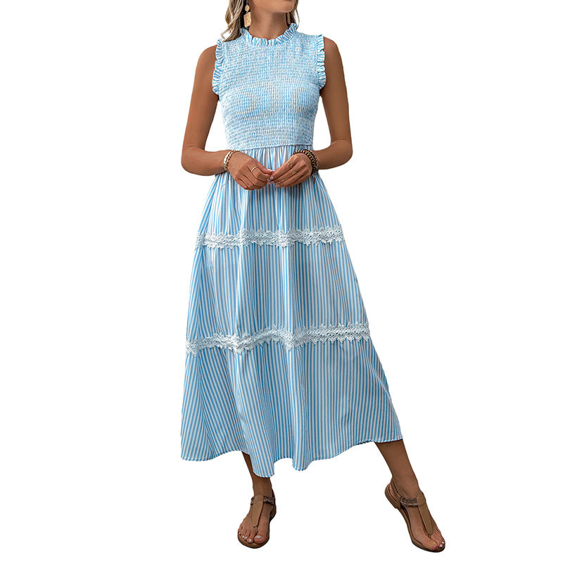 Damen Maxikleid Gestreift Voluminöse Rüschen Weiss