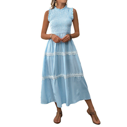 Damen Maxikleid Gestreift Voluminöse Rüschen Weiss