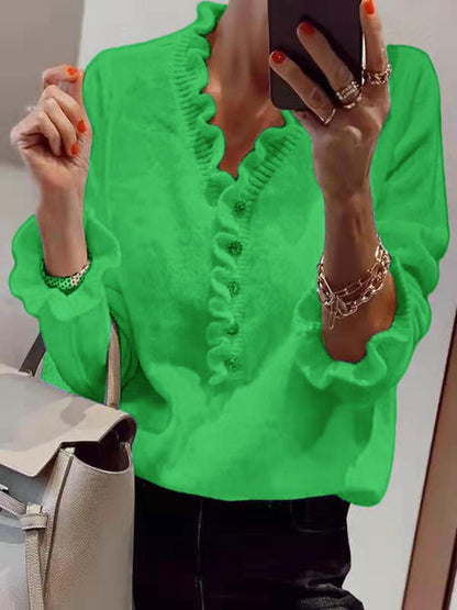 Damen Bluse Rüschendesign Knopfleiste Blume Farbe Weiß