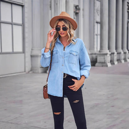 Damen Denim Hemdbluse mit Brusttaschen Blau - Eveloria