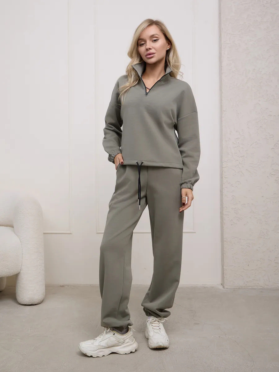 Damen Fleece-Jogginganzug Elastisch Halbzipp Reißverschluss Grau