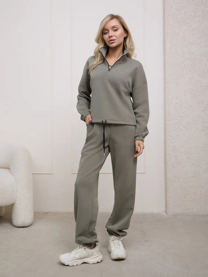 Damen Fleece-Jogginganzug Elastisch Halbzipp Reißverschluss Grau