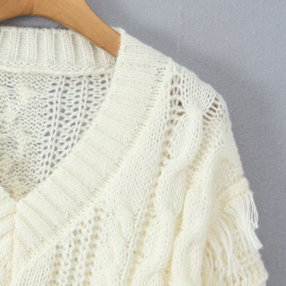 Damen Grobstrickpullover V-Ausschnitt Fransen