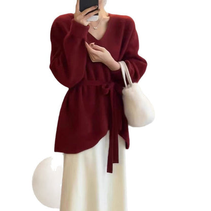 Damen Strickjacke V-Ausschnitt Taillengürtel Eveloria