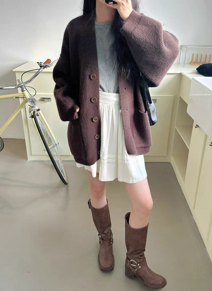 Damen Grobstrickjacke Elegant Knöpfe Taschen Eveloria