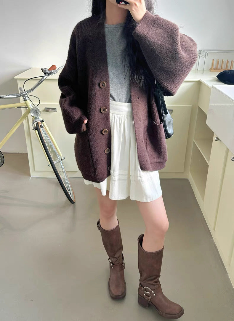 Damen Strickjacke Kuschelig Große Taschen Knöpfe Beige