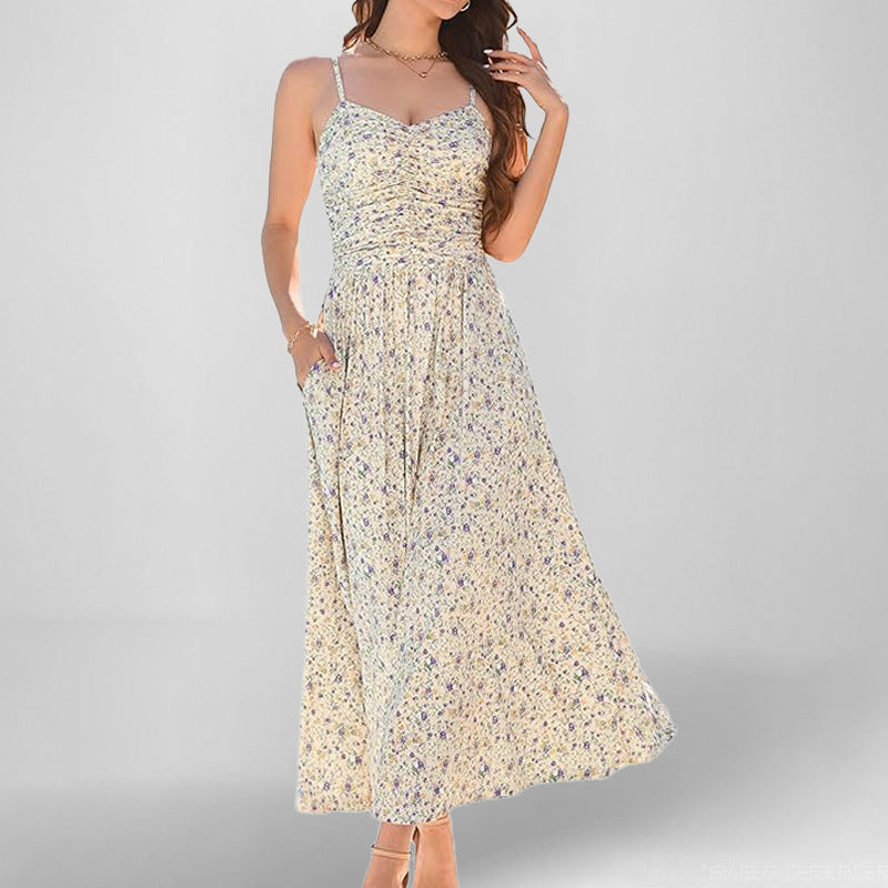 Damen Maxikleid Schmale Träger Baumwolle Mit Seitentaschen Beige