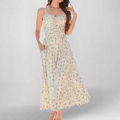 Damen Maxikleid Schmale Träger Baumwolle Mit Seitentaschen Beige
