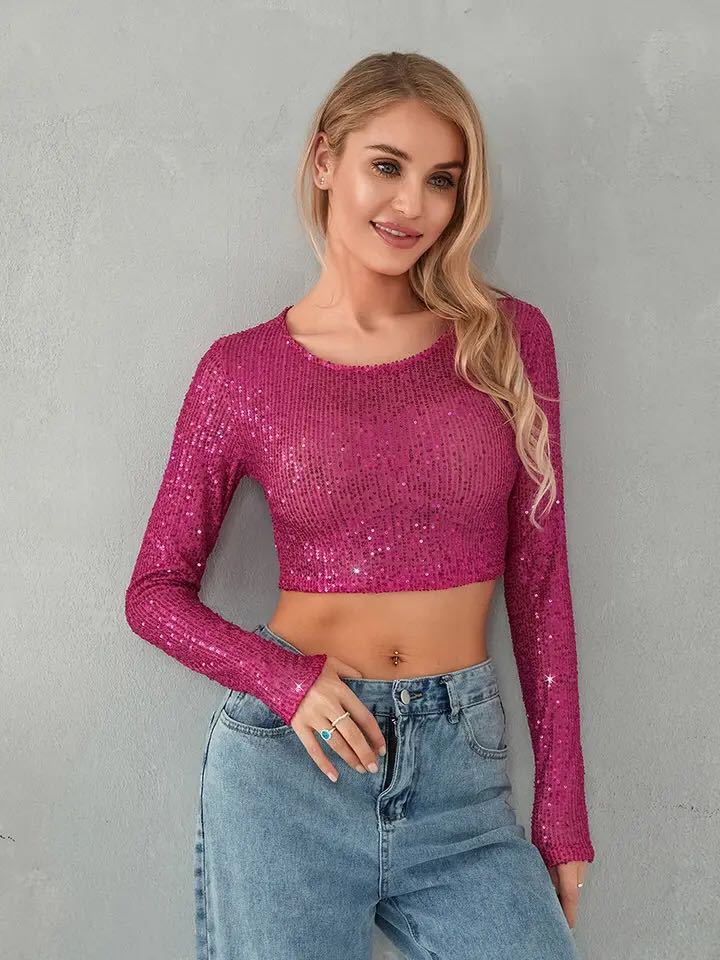 Damen Glitzerndes Langarm-Crop- Figurbetont Eveloria