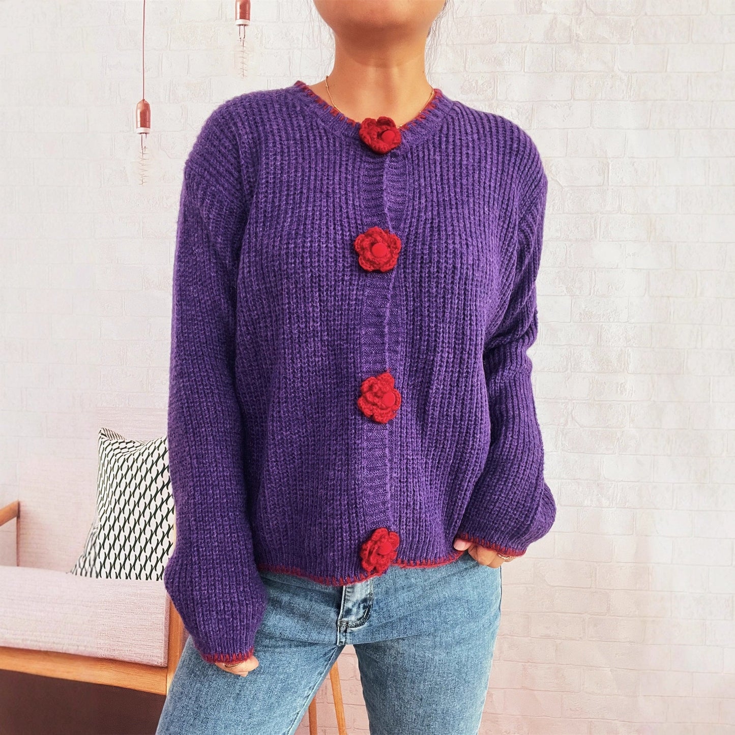 Damen Strickjacke Florale Knöpfe Strukturiert Eveloria - Eveloria