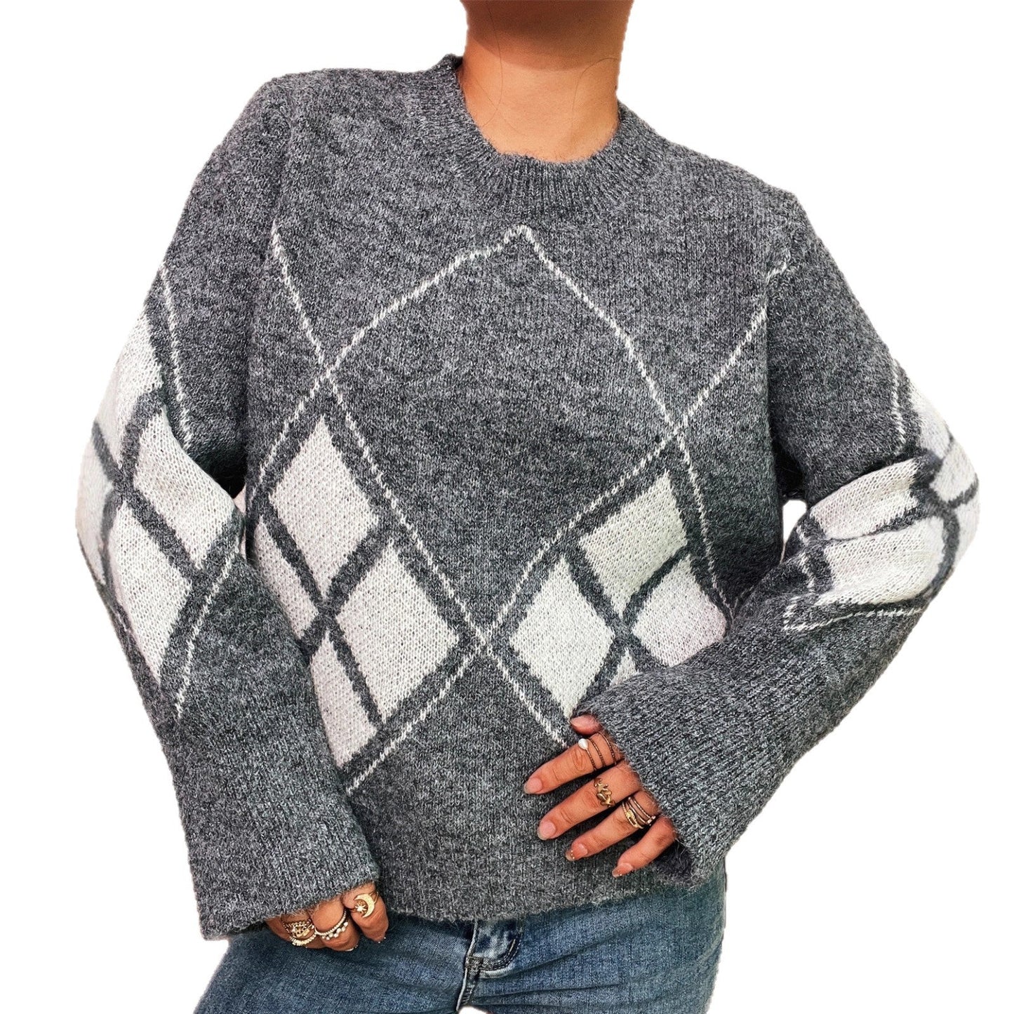 Damen Strickpullover Karomuster Eveloria