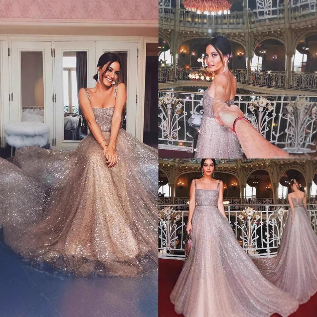 Damen A-Linien Kleid Glitzernd mit Spaghetti-Trägern Schwarz - Eveloria