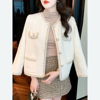 Eveloria Damen Bouclé-Jacke Perlenbesatz Elegantes Design