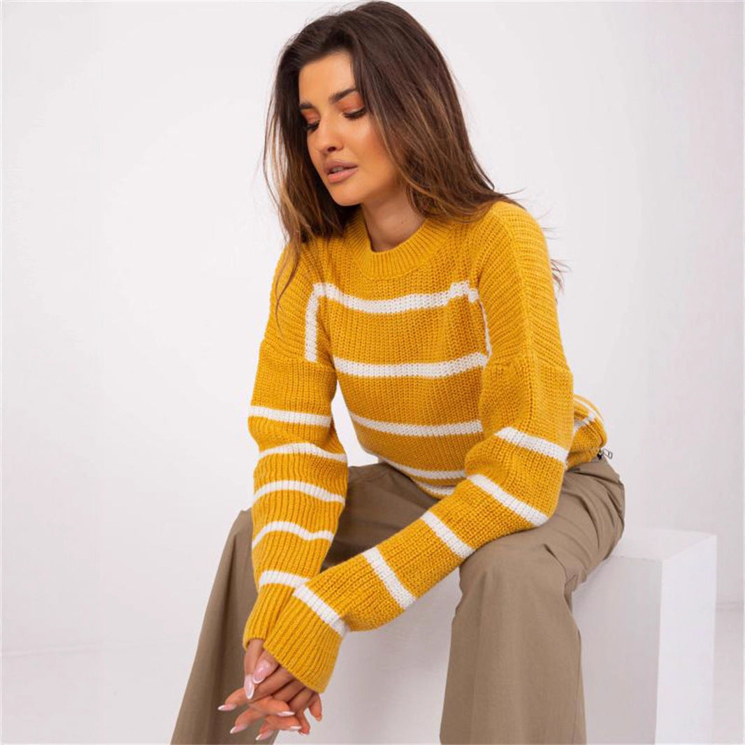 Damen Grobstrickpullover Lässiges Streifenmuster Rundhalsausschnitt