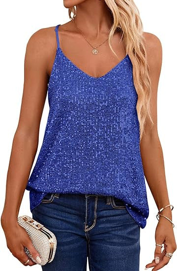 Damen Spaghetti-Trägertop V-Ausschnitt Glitzerdetails Eveloria