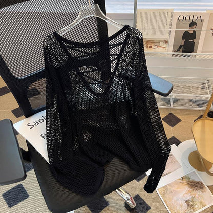 Damen Netzpullover Offener Schnitt V-Ausschnitt Eveloria