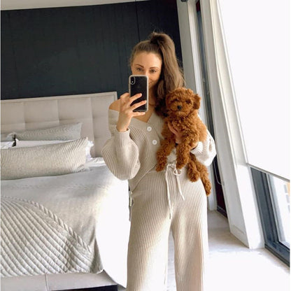 Damen Strick-Loungewear-Set mit Knöpfen und verstellbarem Bund