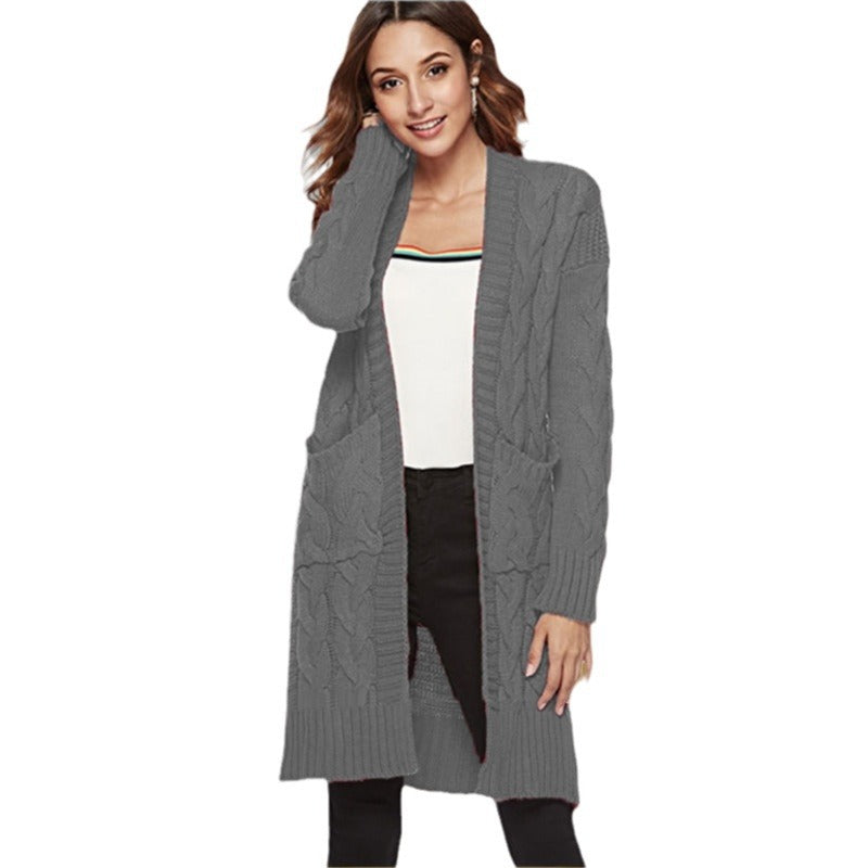 Damen Cardigan Grobstrick Zopfmuster Beige mit Taschen