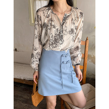 Damen Bluse Floralmuster Knopfdetails Eveloria - Eveloria
