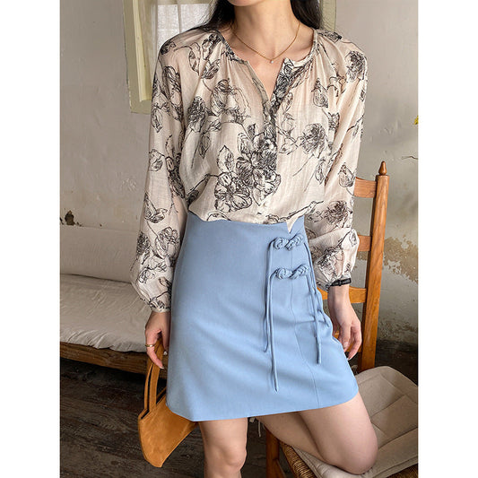Damen Bluse Floralmuster Knopfdetails Eveloria - Eveloria