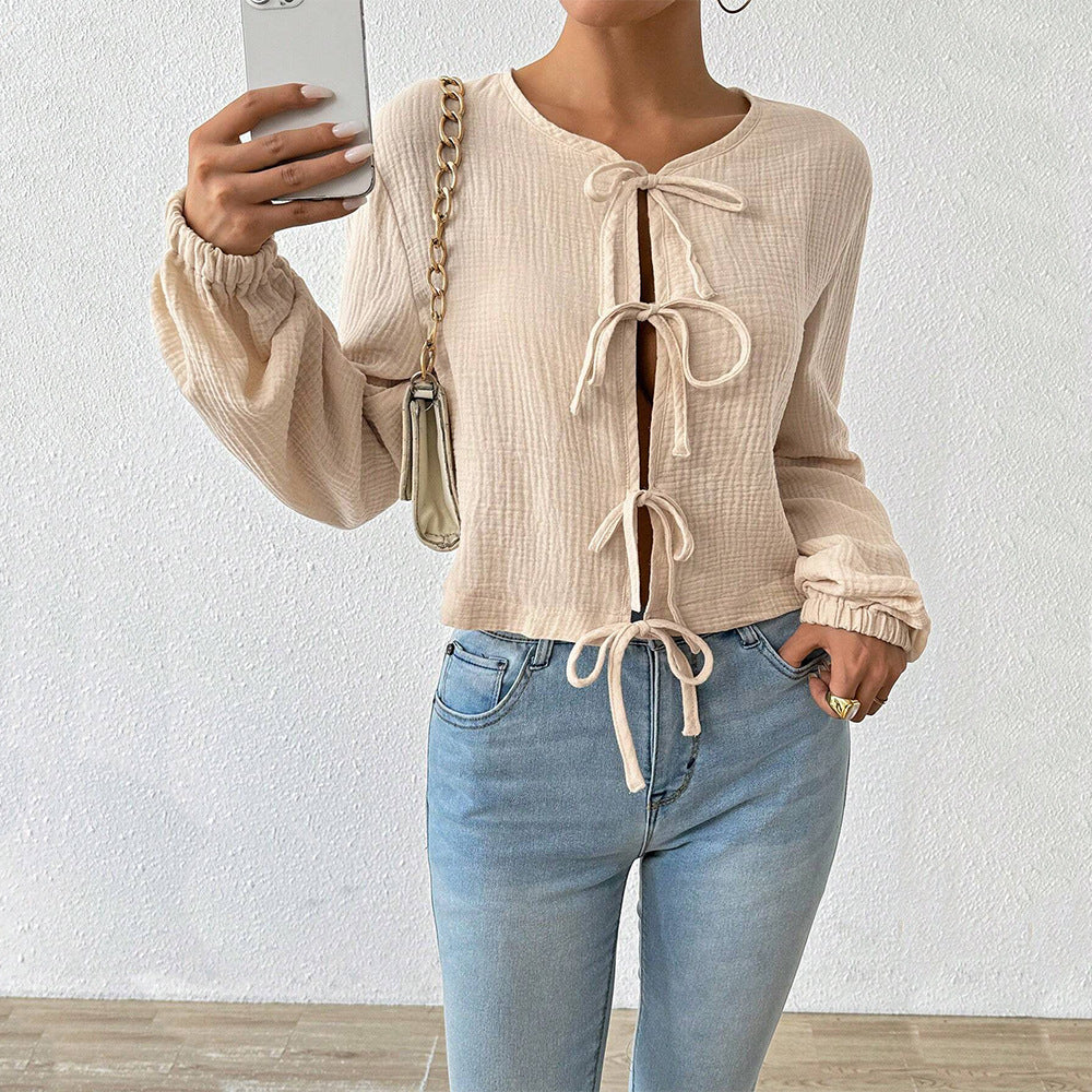 Damen Cropped Bluse Raffinierte Schnürdetails Eveloria