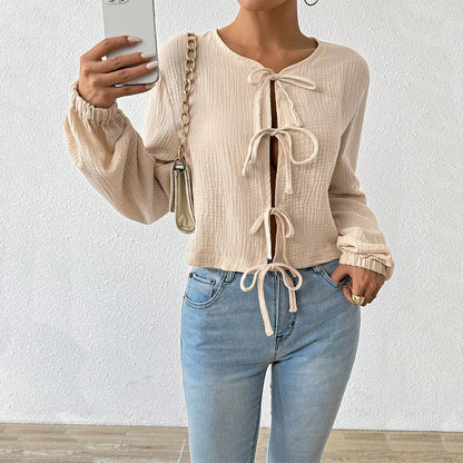 Damen Cropped Bluse Raffinierte Schnürdetails Eveloria