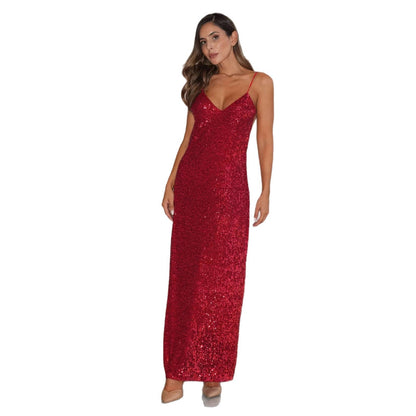 Damen Abendkleid Glitzer Pailletten V-Ausschnitt Eveloria