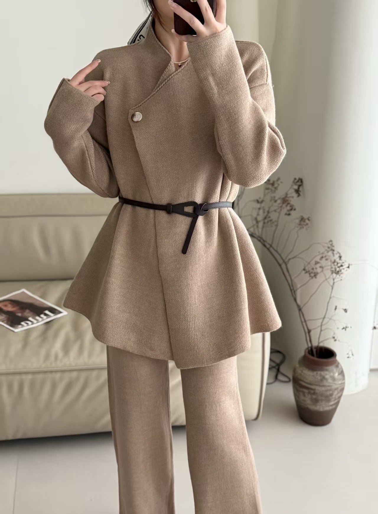 Damen Blazer Tailliert Gürtel Feine Textur Eveloria