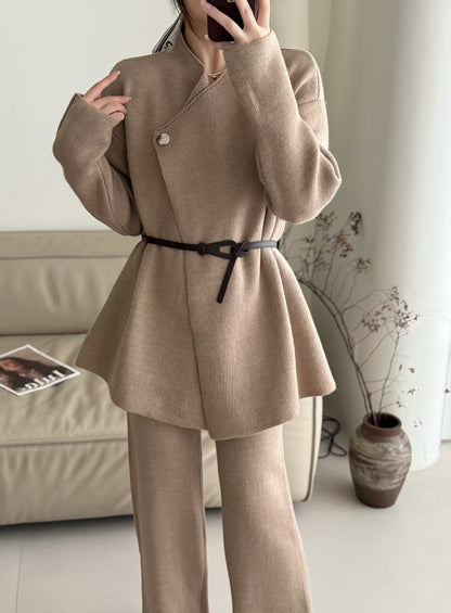Damen Blazer Tailliert Gürtel Feine Textur Eveloria