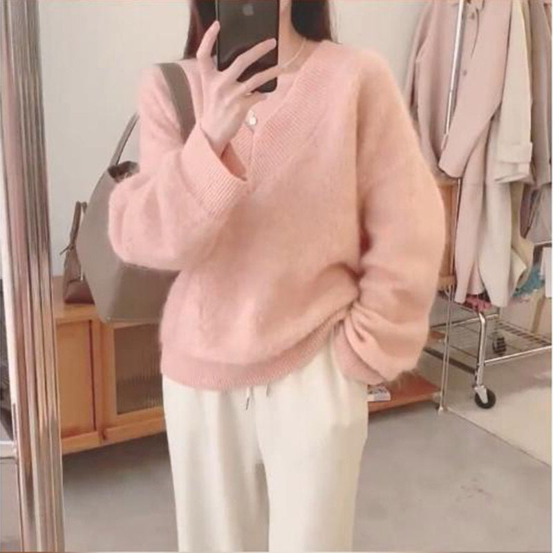Damen Pullover V-Ausschnitt Mohair Flausch Eveloria