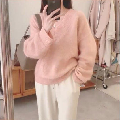 Damen Pullover V-Ausschnitt Mohair Flausch Eveloria