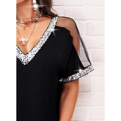 Damen Kleid mit transparenten Ärmeln Glitzerdetails Eveloria