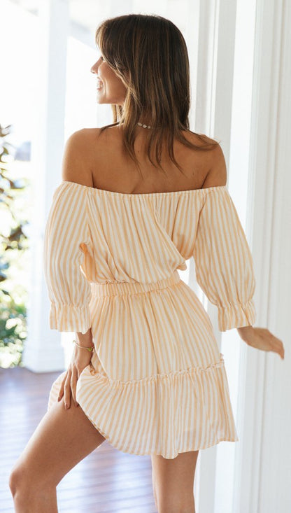 Damen Strandkleid Off-Shoulder Rüschensaum Blumendruck
