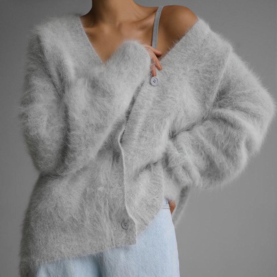 Damen Strickjacke V-Ausschnitt Knöpfe Flauschig Grau Eveloria