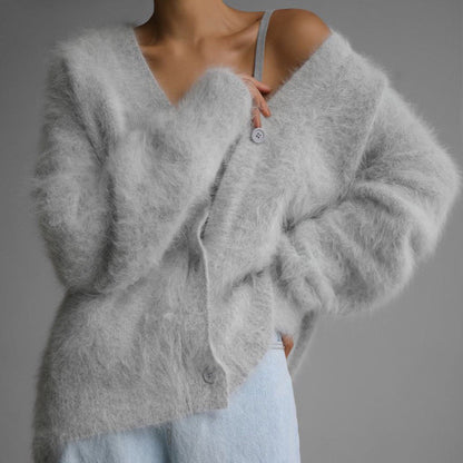 Damen Strickjacke V-Ausschnitt Knöpfe Flauschig Grau Eveloria