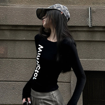 Damen Langarm T-Shirt Figurbetont mit Schriftzug Eveloria