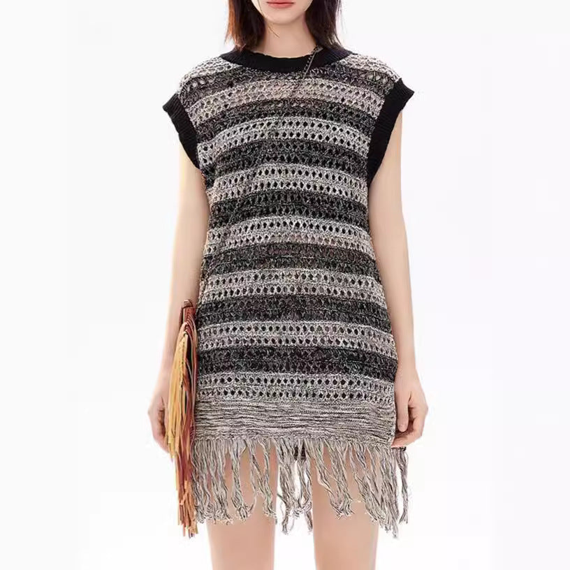 Damen Stricktop mit Fransen und Lochmuster Beige