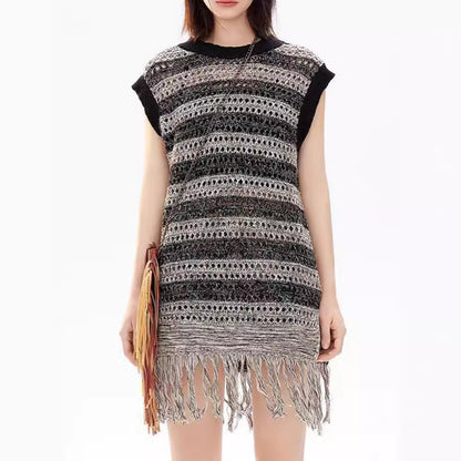 Damen Stricktop mit Fransen und Lochmuster Beige