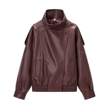 Damen Kunstlederjacke Hochkragen mit Taschen