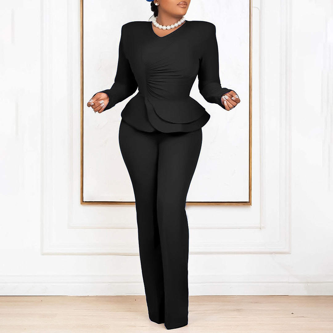 Damen Jumpsuit Peplum Schnitt Langer Ärmel Eveloria
