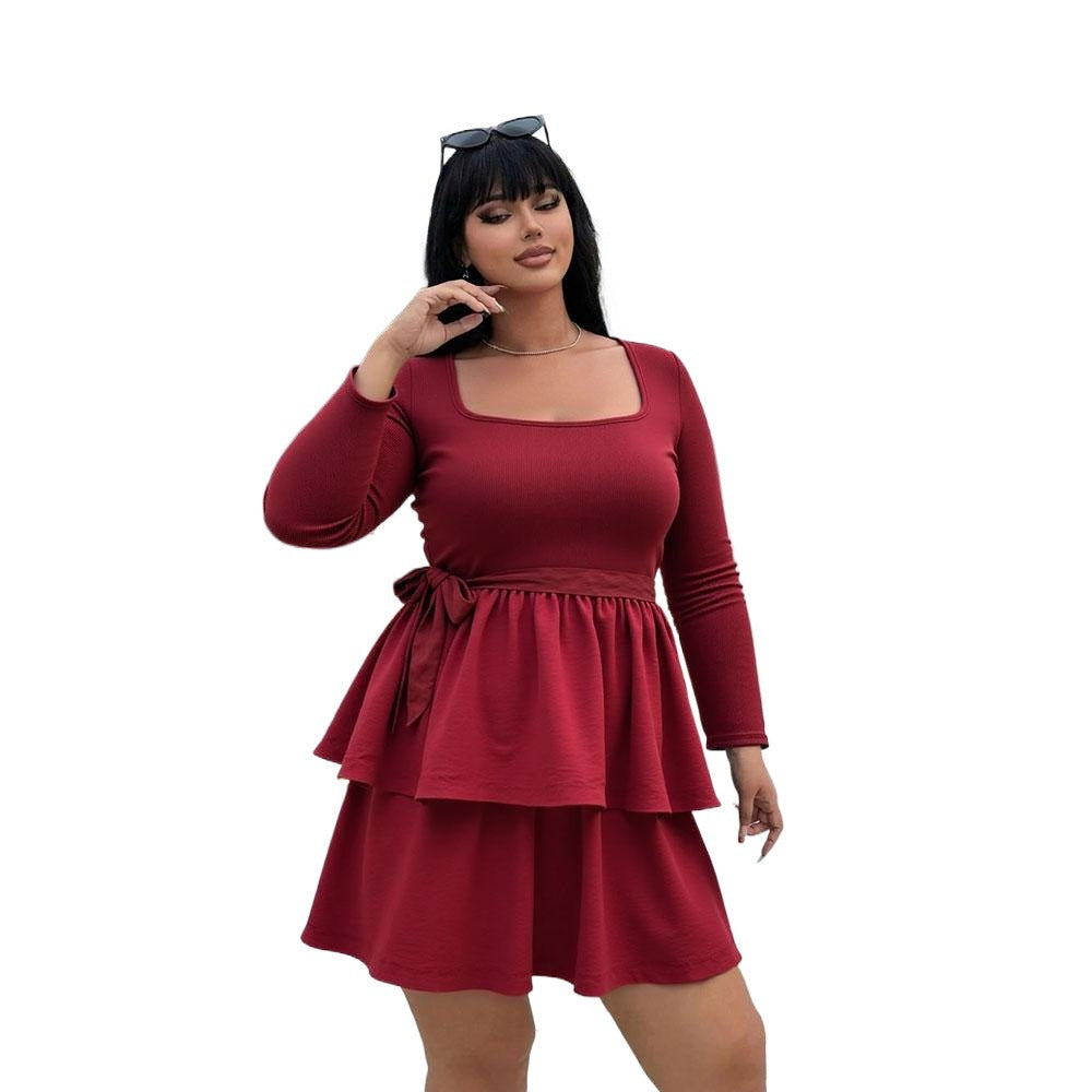 Damen Minikleid Quadratischer Ausschnitt Rüschen Taillenband