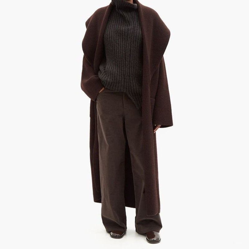 Damen Strickmantel Offene Vorderseite Großer Kragen Beige - Eveloria