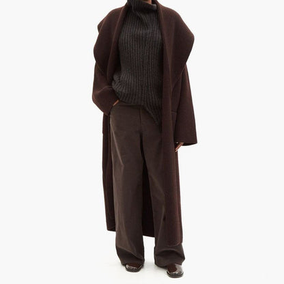 Damen Strickmantel Offene Vorderseite Großer Kragen Beige - Eveloria