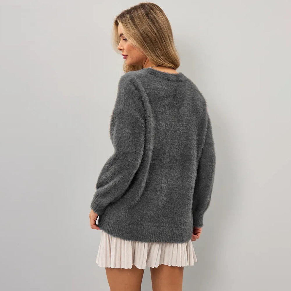 Damen Strickjacke Flauschig V-Ausschnitt Knöpfe