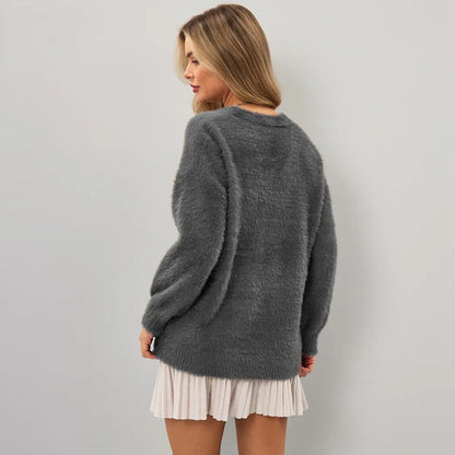 Damen Strickjacke Flauschig V-Ausschnitt Knöpfe
