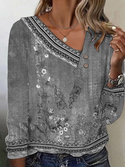 Damen Bluse Floralmuster V-Ausschnitt Eveloria