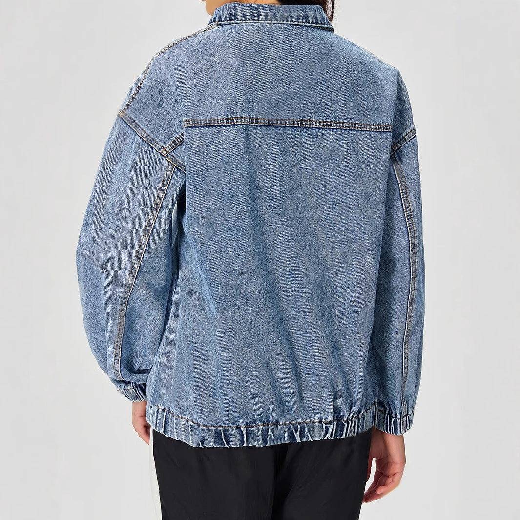 Damen Denim-Pullover Stehkragen Reißverschluss Blau Eveloria