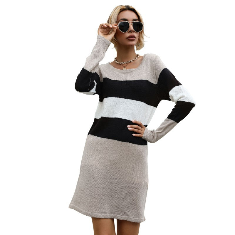 Damen Strickkleid Schulterfrei Modernes Streifenmuster