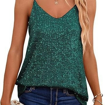 Damen Spaghetti-Trägertop V-Ausschnitt Glitzerdetails Eveloria